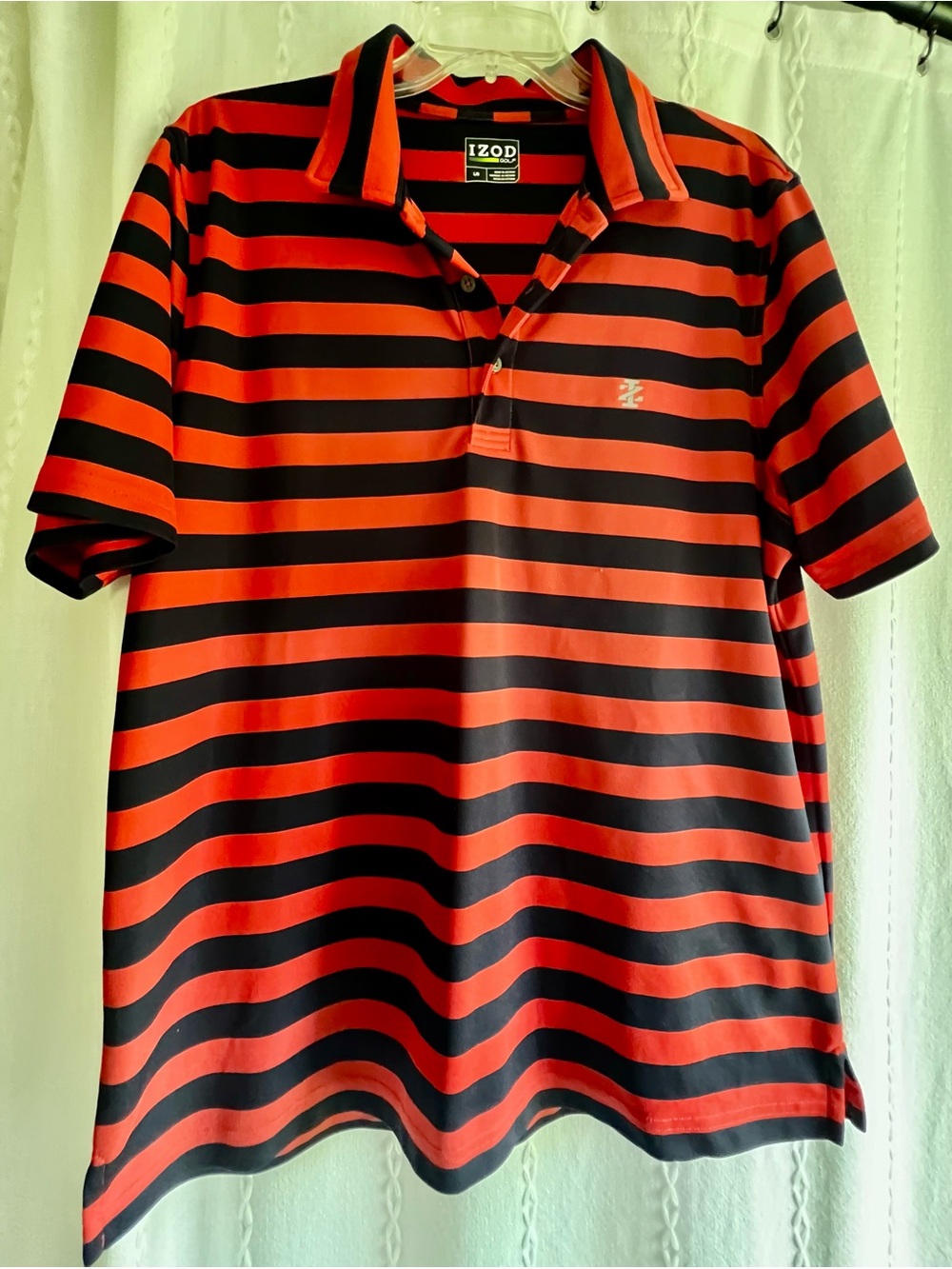 IZOD Men’s Coral and Navy Striped Polo Shirt